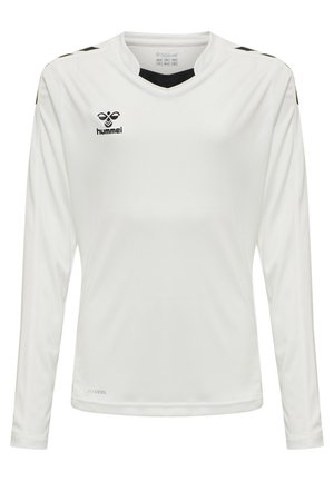 Langarmige witte sportshirt gemaakt van ademend materiaal, met zwarte accenten op de schouders en een logo op de borst.