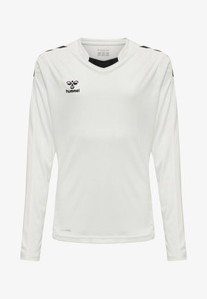 Långärmad vit sporttröja i andningsbart material, med svarta accenter på axlarna och logotyp på bröstet.