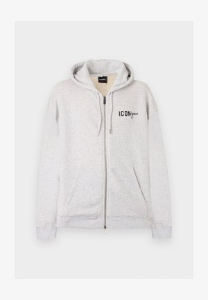 Světlě šedá mikina na zip s předními kapsami, kapucí se stahovací šňůrkou a černým nápisem "ICONique" na levé horní části hrudi.
