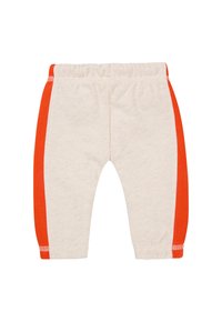 Helle beige Baumwollhosen mit leuchtend orangefarbenen Seitenstreifen, ausgestattet mit einem elastischen Bund und einer glatten Textur. Keine auffälligen Muster oder Beschläge.