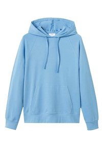 Felpa leggera azzurra con cappuccio, maniche lunghe, tasca a marsupio frontale, cappuccio con cordoncino e polsini e fondo a costine.