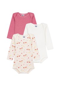 Drei langärmelige Babybodysuits: einer mit roten Streifen, ein einfarbiger in Weiß und einer in Creme mit einem Pferde- und Sternmuster. Weiches Baumwollmaterial.