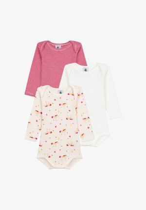 Três bodysuits de manga longa para bebés: um riscado em vermelho, um solidário em branco e um de creme com padrão de cavalo e estrelas. Material de algodão macio.