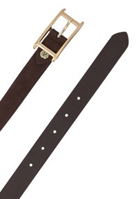 Hnědý kožený pásek se zlatou kovovou sponou, vyznačující se hladkou texturou a rovnoměrně rozmístěnými dírkami podél pásku pro nastavitelnou velikost.