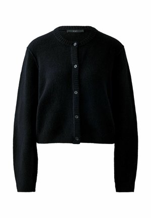 Schwarze, kurze Strickjacke aus weichem Stoff. Mit runder Ausschnitt, gerippter Struktur und fünf Knöpfen vorne zu schließen.