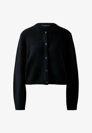 Schwarze, kurze Strickjacke aus weichem Stoff. Mit runder Ausschnitt, gerippter Struktur und fünf Knöpfen vorne zu schließen.