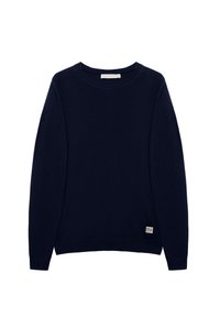 Mörkblå långärmad tröja med rund hals och en liten vit "Polo Club"-etikett i nederkanten på vit bakgrund.