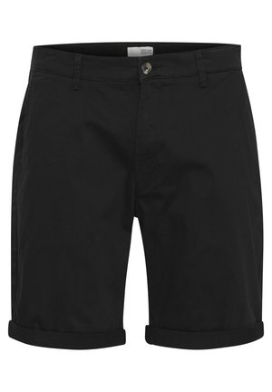 Schwarze Baumwollshorts mit geradem Schnitt, mit vorderer Knopfleiste, aufgerollten Bündchen und Seitentaschen.