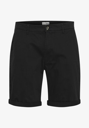 Schwarze Baumwollshorts mit geradem Schnitt, mit vorderer Knopfleiste, aufgerollten Bündchen und Seitentaschen.