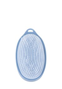 Une brosse à cheveux avec une base en caoutchouc bleu clair, dotée de brins blancs courts disposés dans un design en motif, et d'une boucle en haut pour l'acc accrocher.