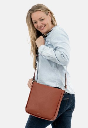 Brown leather crossbody bag with a textured surface, rectangular shape, adjustable strap, and silver-tone hardware.