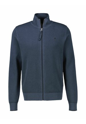 Marineblauer Strickpullover mit durchgehendem Reißverschluss, hohem Kragen und gerippten Bündchen und Saum, mit einem kleinen gestickten Logo auf der Brust.