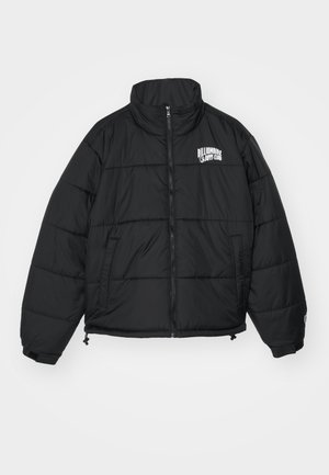 Black puffer jacket with a high collar, zip closure, side pockets, and embroidered "Billionaire Boys Club" logo on the chest.