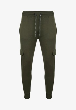 Olive green joggers made of soft fabric, featuring elastic waistband with drawstrings, two side pockets and cargo pocket details.