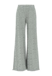 Pantalones anchos grises hechos de tela suave y texturizada. Cuenta con una cintura elástica con el texto "GODDESS". Silueta limpia y fluida.