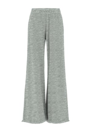 Grijze broek met wijde pijpen gemaakt van zachte, gestructureerde stof. Voorzien van een elastische tailleband met de tekst "GODDESS". Strakke, vloeiende uitstraling.