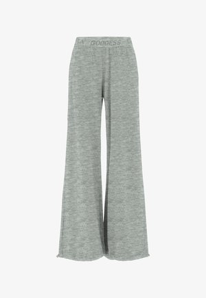 Grijze broek met wijde pijpen gemaakt van zachte, gestructureerde stof. Voorzien van een elastische tailleband met de tekst "GODDESS". Strakke, vloeiende uitstraling.