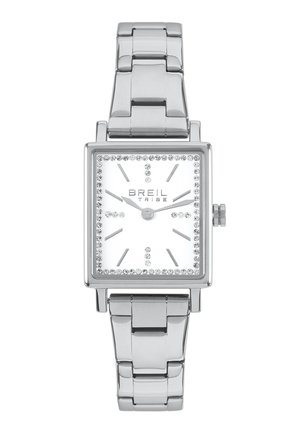 Sølv rustfrit stål ur med rektangulært urskive, hvid skive, krystal detaljer og tre-hånds bevægelse. Sammenkoblede metalrem design.