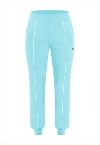 Lichtblauwe joggingbroek met witte verticale piping, geribbelde tailleband en boorden, zijzakken en een klein rond logo op de linker bovenbeen.