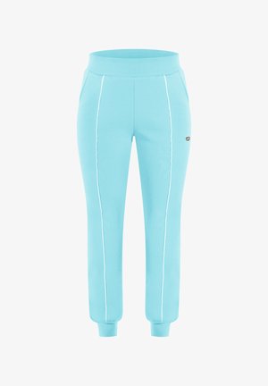 Hellblaue Jogginghosen mit weißem vertikalem Piping, gerippter Taille und Bündchen, Seitentaschen und kleinem runden Logo am linken Oberschenkel.