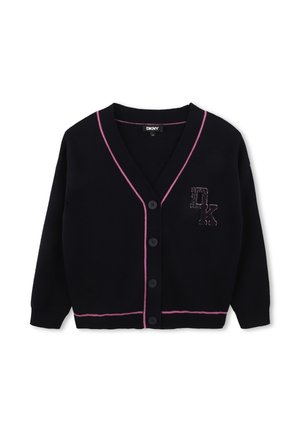 Cardigan noir boutonné avec une bordure rose le long du col, du devant et de l'ourlet, présentant un logo texturé "DK" sur la poitrine gauche.