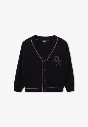 Cardigan noir boutonné avec une bordure rose le long du col, du devant et de l'ourlet, présentant un logo texturé "DK" sur la poitrine gauche.