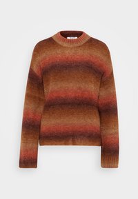 Suéter de rayas marrón y naranja con un escote redondo, puños de canalé y textura suave. Presenta patrones de degradado en toda la prenda.