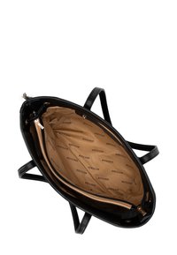 Zwarte leren tote bag met een ovale vorm, voorzien van een beige interieur met een herhaaldelijk "WITTCHEN"-patroon en een ritscompartiment.