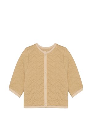 Beige doorgestikte cardigan met een hartjespatroon, ronde hals, lange mouwen en contrasterende lichtbeige biezen met drukknopen.