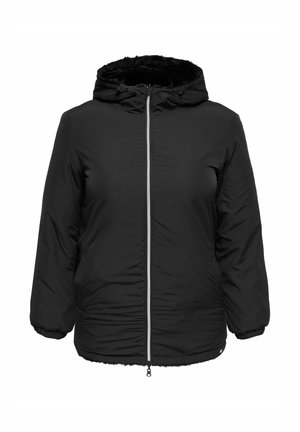 Chaqueta acolchada negra con capucha, que cuenta con un cierre frontal, puños elásticos y un suave forro de piel en la capucha. Tejido liso y resistente al agua.
