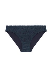 Marineblauwe vrouwen bikinislips van kant met een bloemenpatroon en een scalloped tailleband, naadloze randen zichtbaar.