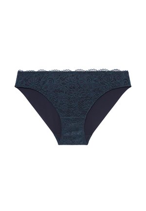 Mørkeblå kvinder lace bikini trusser med blomstermønster og bølget talje, sømløse kanter synlige.