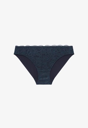 Mørkeblå kvinder lace bikini trusser med blomstermønster og bølget talje, sømløse kanter synlige.