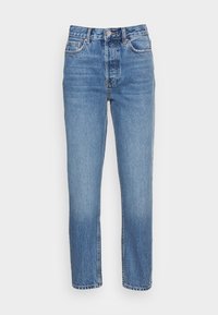 Ljusblå denimjeans med rak benpassform, med knappstängning, fem fickor och subtila blekningar genom hela plagget.