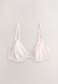 Reggiseno bianco in pizzo con ferretto e spalline regolabili su sfondo neutro, con motivo floreale in pizzo e coppe in tessuto morbido.