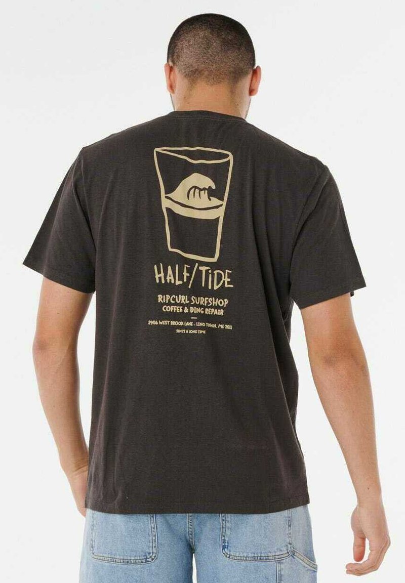 Dark gray cotton t-shirt featuring a tan graphic of a wave inside a glass and text "HALF/TIDE RIP CURL SURFSHOP" on the back.