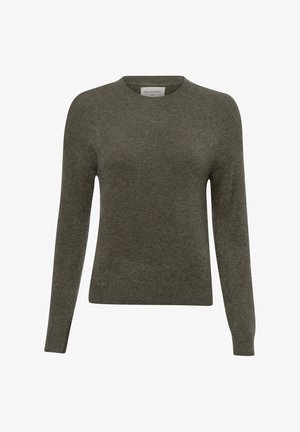 Maglione verde oliva con maniche lunghe, scollo rotondo e polsini a costine. Realizzato in un morbido materiale lavorato a maglia, presenta una superficie texturizzata. Nessun motivo visibile.