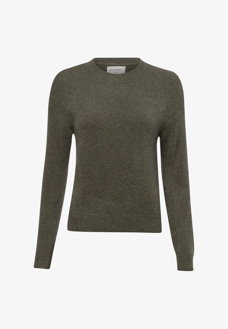 Pull vert olive à manches longues, col rond et poignets côtelés. Fabriqué en matériau tricoté doux, avec une surface texturée. Pas de motifs visibles.