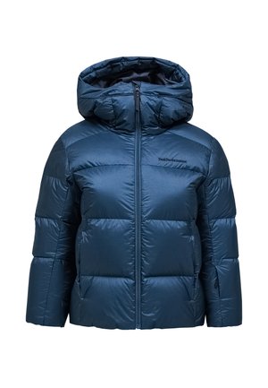 Gewatteerd jack met capuchon in donkerblauw, met een glanzende textuur, een ritssluiting aan de voorkant en elastische boorden. Logo zichtbaar op de borst.