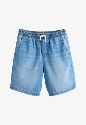 Lyseblå denimshorts med elastisk talje og hvid snøre, med sidelommer og en afslappet pasform.