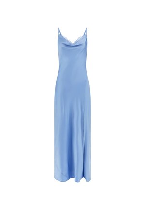 Abito slip in satin blu con spalline regolabili e dettagli in pizzo sul colletto, silhouette fluida e spacco laterale.
