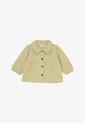 Lichtgele peuterjas met een ronde kraag, knoopsluiting aan de voorkant en een bloemrijke textuur. Heeft lange pofmouwen en een geplooide taille.