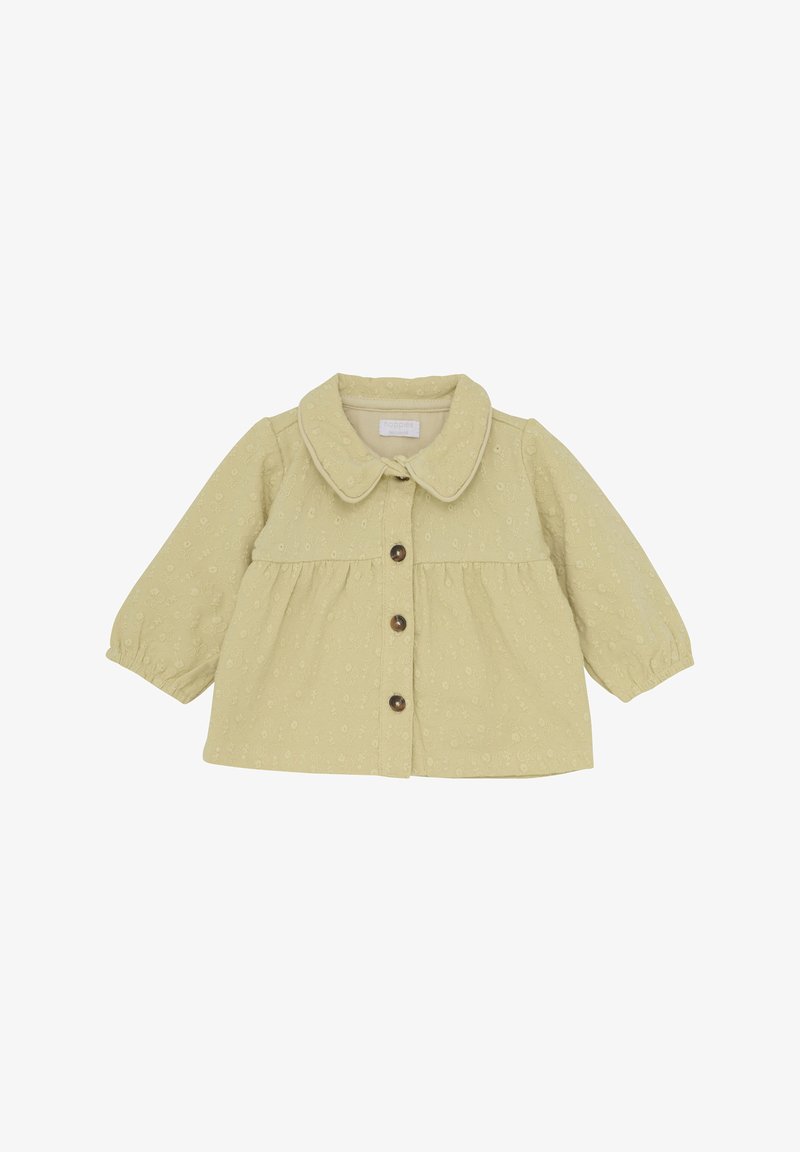Lichtgele peuterjas met een ronde kraag, knoopsluiting aan de voorkant en een bloemrijke textuur. Heeft lange pofmouwen en een geplooide taille.