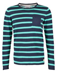 Laivastonsininen pitkähihainen paita, jossa vaakasuoria teal-sinisiä raitoja. Ominaisuuksiin kuuluu rintatasku ja pyöreä kaula-aukko. Valmistettu pehmeästä, teksturoidusta kankaasta.