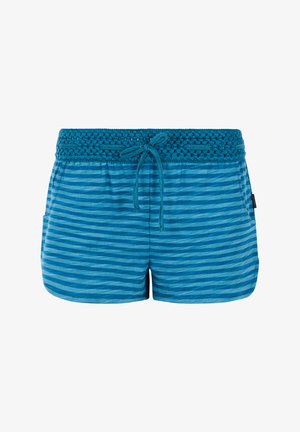 Blå stribede shorts lavet af blød stof. Har et flettet taljebånd med snoretræk og to sidelommer.