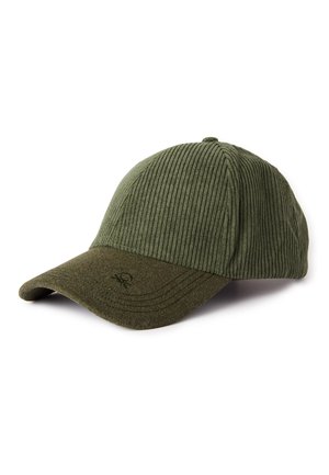 Green cap made of ribbed fabric with a solid visor. Features subtle logo embroidery and a rounded crown for a fitted design.