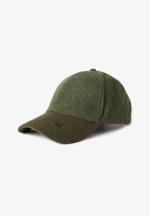 Green cap made of ribbed fabric with a solid visor. Features subtle logo embroidery and a rounded crown for a fitted design.