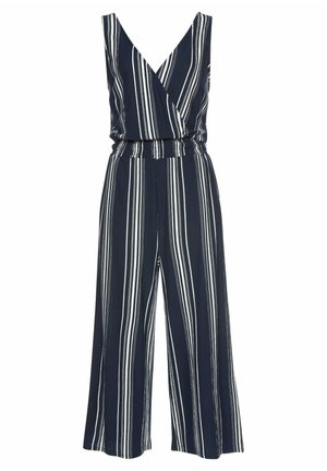 Marineblauer ärmelloser Jumpsuit mit weißen vertikalen Streifen, V-Ausschnitt mit überkreuztem Oberteil und weiten Hosenbeinen.