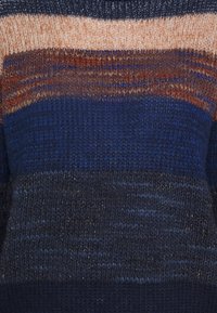 Knitted sweater featuring horizontal stripes in navy, blue, rust, and beige, with a textured finish and subtle shimmer.