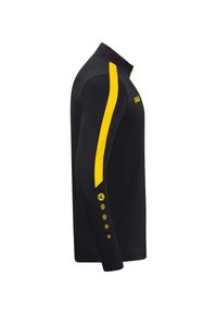 Maglietta nera a maniche lunghe con dettagli gialli lungo le spalle e i polsini. Presenta un design testurizzato e un logo di marca sul petto.
